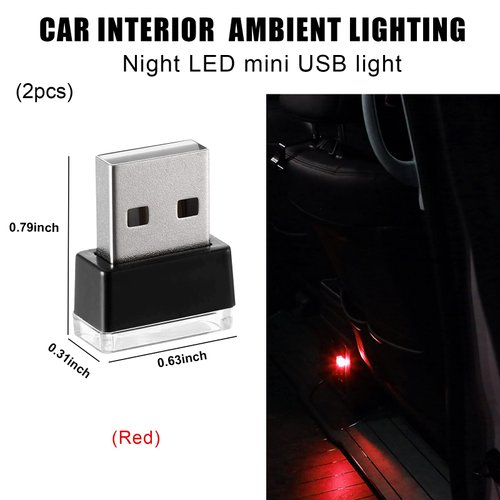 Sylvil 2 PCS USB LED Car Interior Atmosphere Lamp, Portable Mini LED Night Light, Plug-in USB Interface Trunk Ambient Lighting Kit, Universal Interior Car Accessories (Red)