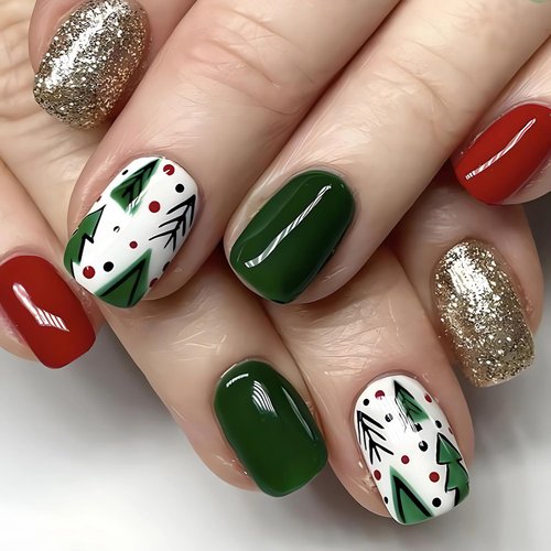 Short Square Christmas Press on Nails Christmas Tree Colored Ball Glue on Nails with Glitters Glossy Finish Green & Red Christmas Acrylic False Nails Cute Stick on Nails for Women Nail Art Decoration