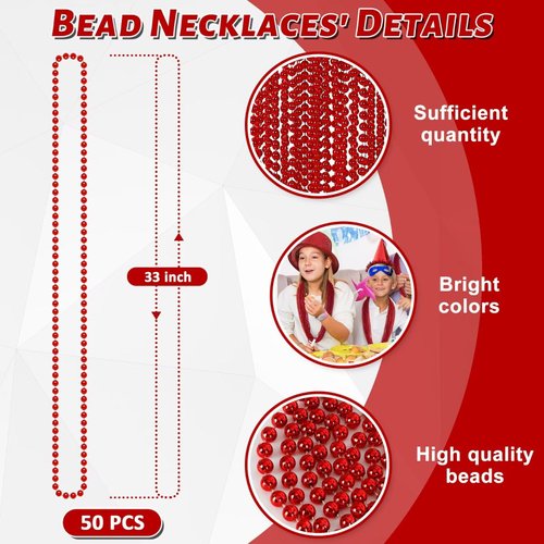 EOBOH 50PCS Bead Necklace, Red Christmas Bead Stuff Party Favors, 33" Necklaces Festival Parade Throw Accessories for Wedding Birthday Valentines Mardi Gras Christmas Celebrations Decorations