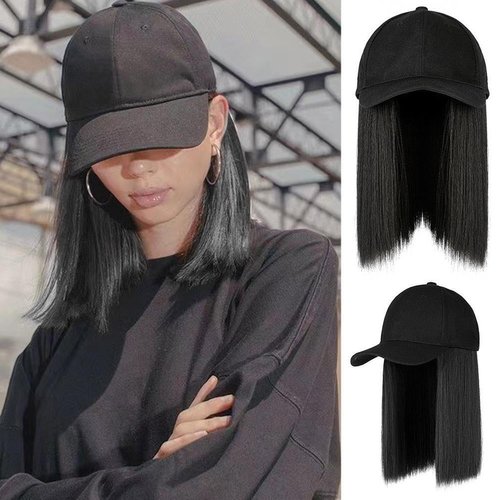 Genevert Hat Wig Baseball Cap with 10" Short Bob Hair Extensions for Women, Natural Hairstyle, Black Adjustable Cap, Straight Hair, Dark Black