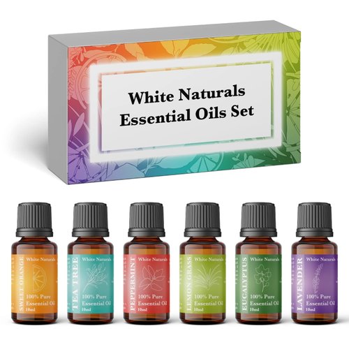 White Naturals Essential oils Kit of 6 X10ML Diffuser Fragrance Oils Set, Sweet orange, Tea Tree, Peppermint, Lemon Grass, Eucalyptus & Lavender, Gift Set