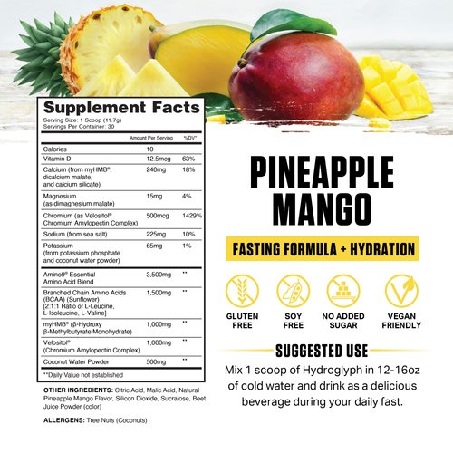 Ambrosia Hydroglyph Intraworkout Formula w/BCAA + EAA + Electrolytes Hydration Powder to Protect Lean Muscle, 0g Sugar Fasting Hydration Drink Mix, Made w/Coconut Water (Pineapple Mango)