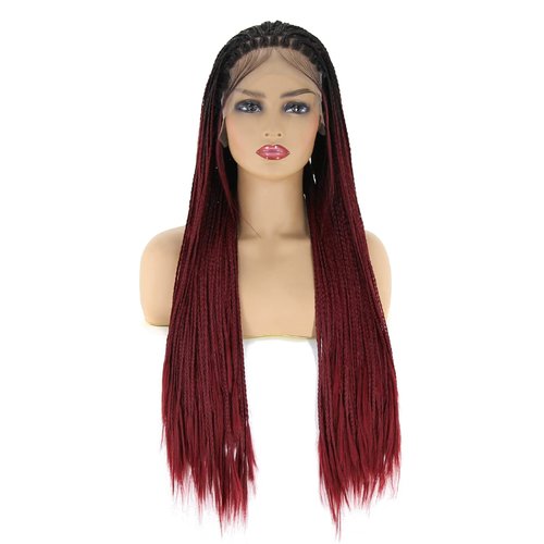 BTWTRY Black Ombre Burgundy Wine Red Braided Synthetic Lace Front Wigs for Black Women Micro Brai...