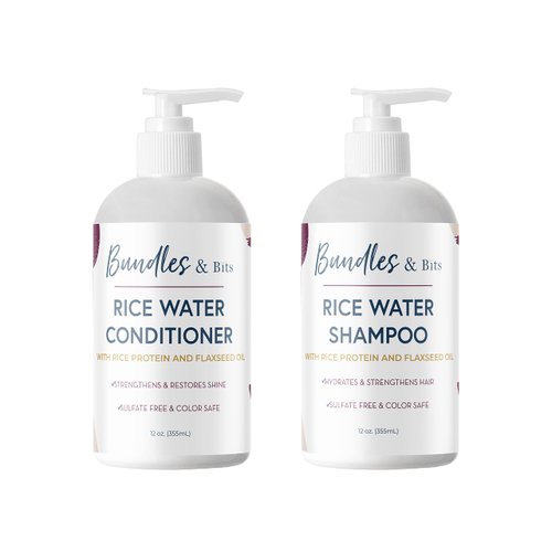 Bundles & Bits Rice Water Shampoo and Conditioner Set - Regrowth, Thinning Hair and Anti-Hair Loss - Plant-Based, Sulfate Free, For All Hair Types, 2 Piece Set