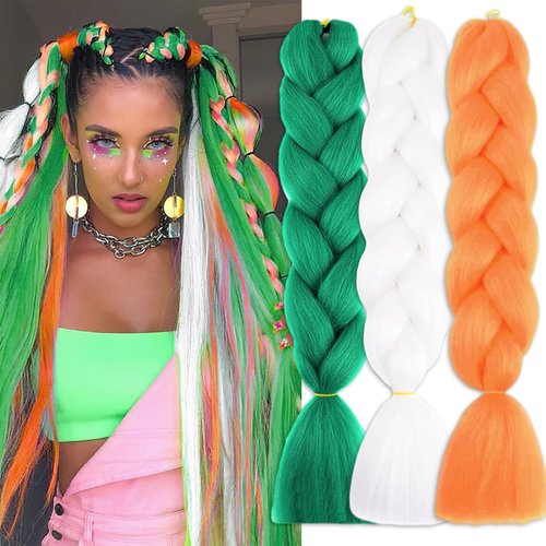 Jumbo Braiding Hair Extensions 24 Inch Colored Braid Hair Synthetic Green White Orange Ombre Jumbo Color Braiding Hair Pre Stretched High Temperature Fiber Braids Extensions for Girls Women
