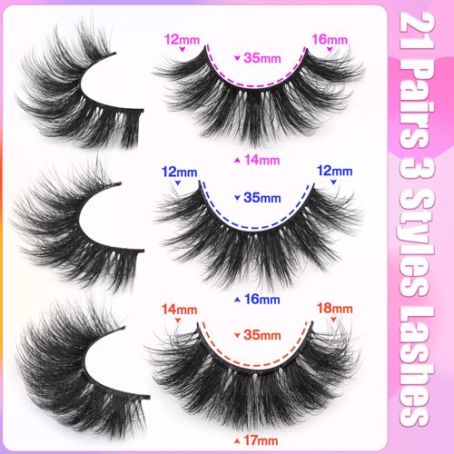 Mink Lashes Fluffy False Eyelashes Natural Look 14-17mm Cat Eye Lashes Pack, 5D Wispy Curly Fake Lashes by TNFVLONEINS - 21 Pairs 3 Styles
