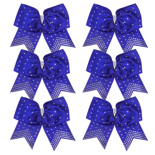 8 Inch Cheerleader Bows Ponytail Holder with Bling Fling Rhinestones Hair Tie Cheerleading Bows 6 Pcs (Royal Blue)
