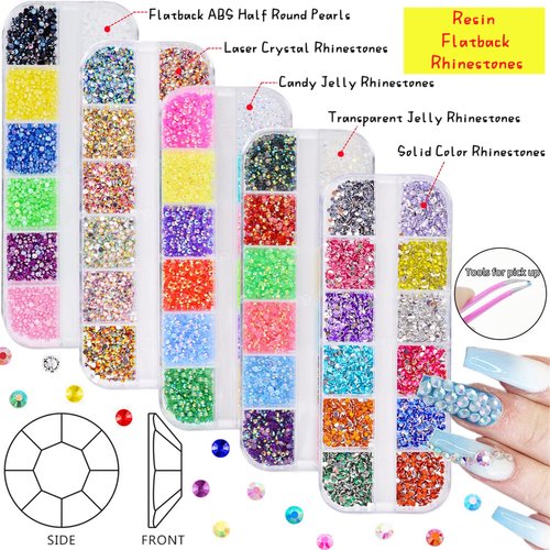 editTime 5 Boxes Shiny Colorful Nail Art Rhinestones Kit Crystals AB Flatback Jelly Mermaid Pearl Rhinestones Stones Gems with Pick Up Pen and Curved Tweezer (2mm)