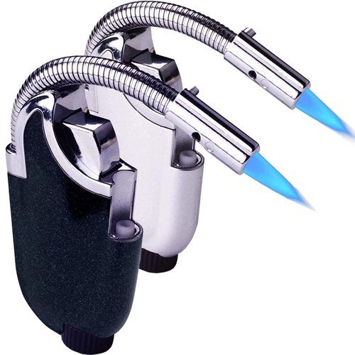 Refillable Butane Torch Lighter 2pcs, with 360°Flexible Neck and Flashlight, for Grill BBQ Camping, Mens Gifts Black & Silver (Butane Gas Not Included) (Lighter-Black & Silver)