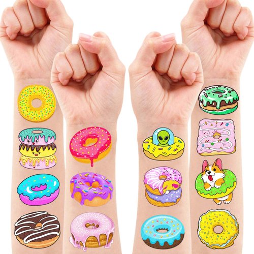 Generic 103 PCS Donut Temporary Tattoos Doughnut Themed Two Sweet 1st Birthday Party Decorations Favors Supplies Donut Grow Up Decor for Kids Boy Girl School Prizes