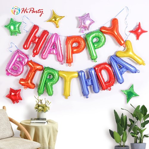 Birthday Balloons Banner, 3D Mylar Foil Happy Birthday Balloons, 24pcs Birthday Party Decorations with 6pcs Star Balloons for Kids Girls Boys Women Adults Birthday Party Supplies, Rainbow