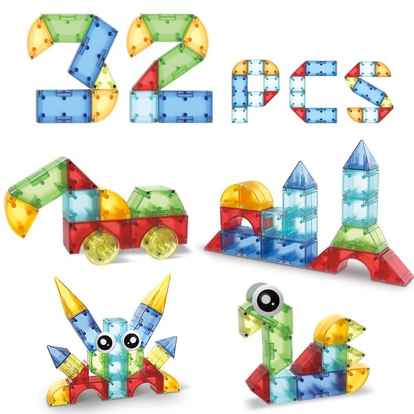 HandyLab Clear Magnetic Building Blocks Toy Set 16 Different Shapes & 9 Colors Build Vehicles, Animals, Figures, Great Gift for Kids Ages 3 & Up Boys Girls Toddlers STEM (32 Pc)
