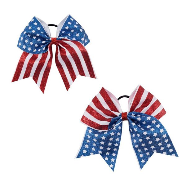 Patriotic Flag Cheer Ponytail Holder Girls Cheerleader Bowknot Hair Bow Tie JHN10 (2 Pcs-Set H)