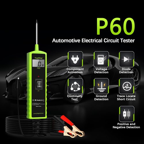 Topdiag P60 Power Circuit Probe Kit Component Activation Short Circuit Finder Continuity Test Voltage Tester 6-30V Diode Detection Test Trailer Lights Grounding Test Jump Lead Function