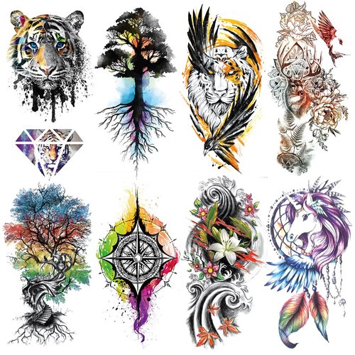 Oottati 8 Sheets Waterproof Arm Leg Temporary Tattoo Stickers, Colorful Tiger Tree Unicorn Compass Dreamcatcher Lion