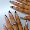 SINHOT Stiletto Press on Nails Long Almond Fake Nails French Tip Acrylic Nails Glossy Glue on Nails Silver Artificial Nails Stick on False Nails with Design 24 pcs