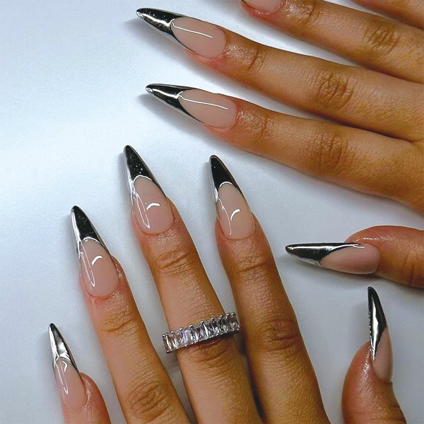 SINHOT Stiletto Press on Nails Long Almond Fake Nails French Tip Acrylic Nails Glossy Glue on Nails Silver Artificial Nails Stick on False Nails with Design 24 pcs