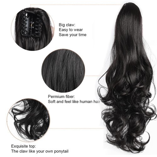 NJJYXH Ponytail Hair Extensions Natural Black Ponytail Clip in Claw Synthetic Hairpieces 20 Inch Wavy Curly Hair pieces for women