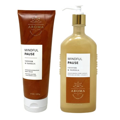 Generic Bath and Body Work Aroma Mindful Pause VETIVER & VANILLA Body Cream and Body Lotion Set - Full Size, Brown