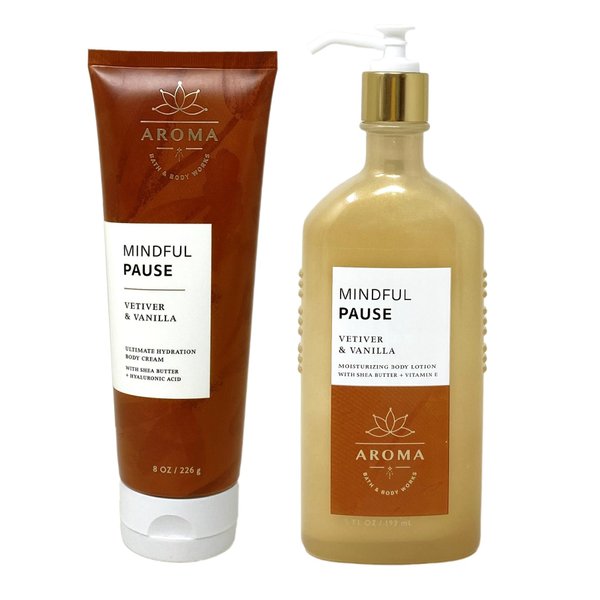 Generic Bath and Body Work Aroma Mindful Pause VETIVER & VANILLA Body Cream and Body Lotion Set - Full Size, Brown