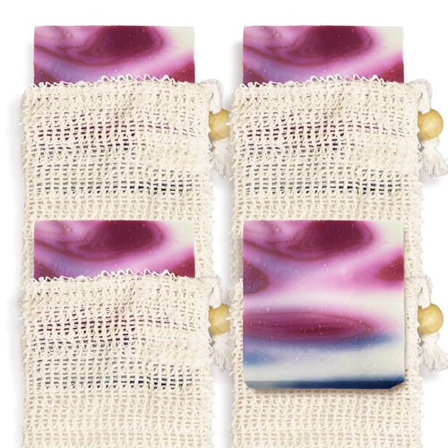 Natural Soap Bar w/Sisal Bag, Vegan Artisan Soap Bar Set for Women, Body Soap in Bar Soap Pouch, Natural Bath Soaps w/Essential Oils, 4 Plain Body Soap Bars, Wild Passion by Age of Sage