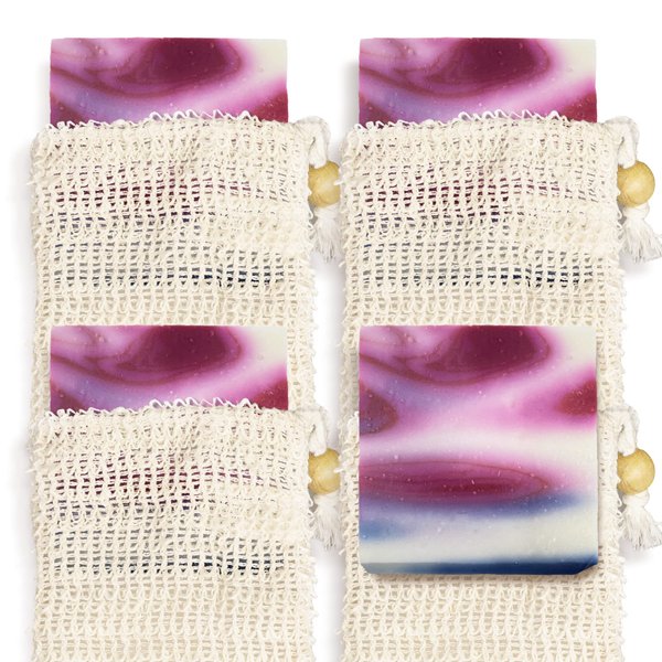 Natural Soap Bar w/Sisal Bag, Vegan Artisan Soap Bar Set for Women, Body Soap in Bar Soap Pouch, Natural Bath Soaps w/Essential Oils, 4 Plain Body Soap Bars, Wild Passion by Age of Sage