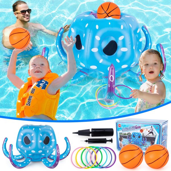 Octopus Pool Toys Game Set,2-in-1 Inflatable Pool Basketball Hoop & Ring Toss,Toddler Floating Toys Pool Games Indoor Outdoor Water Toys,Fun Summer Pool Party Games Family Water Play for Kids Adults