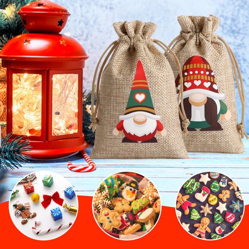 WenTao Christmas Gift Bags with Drawstring, 24PCS Christmas Jute Burlap Bags, 4 X 6 mas Gift Bags, Small Gift Bags Bulk Jute Burlap Bags for Candy Wrapper Xmas Party Favor Supplies