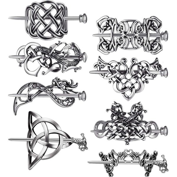 WILLBOND Hair Clips, 8 Pcs Viking Celtic Hairpins Vintage Celtic Knot Hair Sticks, Retro Silver Alloy Hair Barrette Jewelry Accessories for Women Girls