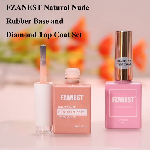 FZANEST Nude Builder Gel For Nails and Diamond Top Coat Set,Natural Base Color Rubber Base Gel Polish High Shine Finish Kit,Self-leveling Nail Structure Extension Gel No Wipe Top