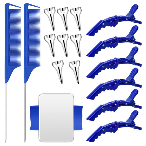 17 Pieces Hair Parting Tools Set Square, Included 8 Pieces Hair Parting Ring 2 Pieces Metal Rat Tail Comb 6 Pieces Hair Sectioning Clip with Magnetic Wrist Sewing Pin Holder for Braiding (Blue)