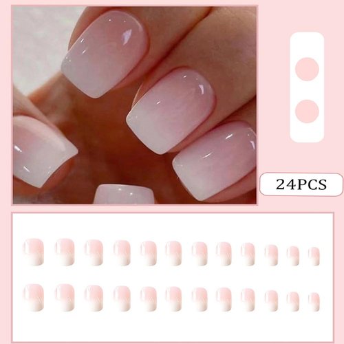 RUPOFUZA Acrylic Press on Nails Short Square Fake Nails White Ombre Glue on Nails Short False Nails with Gloss Designs Nails Press on Artificial Nails Stick on Nails for Women 24Pcs