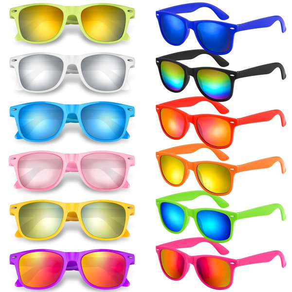 Bouiexye 12 Pack Neon Sunglasses with Colorful Lenses in Bulk for Birthday Beach Pool Party Supplies, 12 Bright Colors