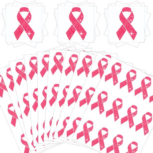 Maxcheck 1200 Pcs Pink Ribbon Temporary Tattoos Breast Cancer Glitter Tattoo Sticker Temporary Body Tattoos for Decoration Party Supplies Public Activity Gift, 100 Sheets