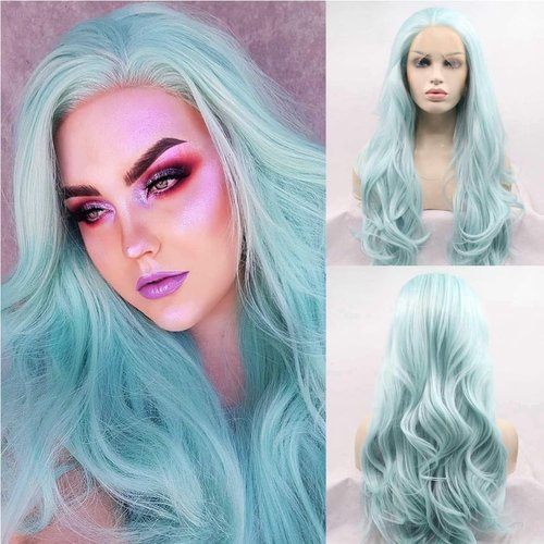 Kalisa Pastel Blue Wig for Women Long Wavy Ice Blue Free Part Wig Synthetic Lace Front Wig Heat Resistant Fiber Glueless Wigs Cosplay Darg Queen 24''