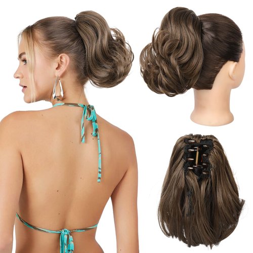 Flufymooz Ponytail Extension, 8 inch Short Claw Ponytail Extension Wavy Curly Jaw Clip in Pony tails Hair Extension Natural Synthetic Hairpiece for Women (Medium Brown with Medium Auburn)