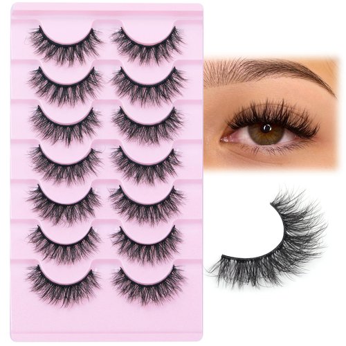 FANXITON Wispy False Eyelashes Natural Look Short Mink Lashes Fluffy Curly 3D Faux Mink Eyelashes 7 Pairs Pack