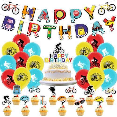 Bike Themed Birthday Party Decorations, Include Happy Birthday Banner, Cake Toppers, Balloons, Bicycle Theme Party Supplies for Kid's Birthday Bicycle Fans Sports Theme Party