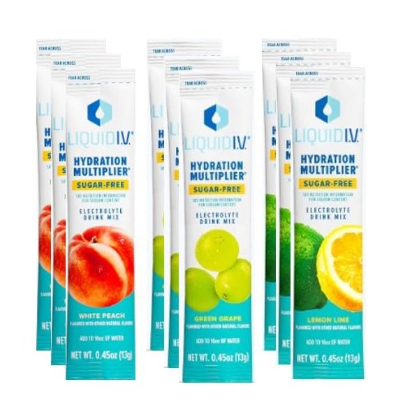 Hydration Multiplier Sugar Free Liquid IV | 9 Pack | 3 White Peach, 3 Green Grape, and 3 Lemon Lime | Electrolyte Drink Mix | Easy Open Single-Serving | Non-GMO | Packaging may vary
