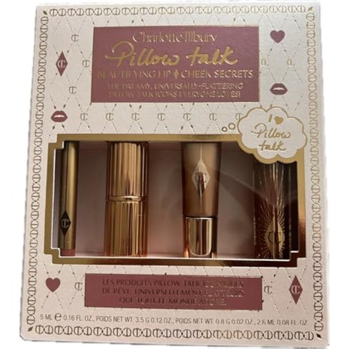 CHARLOTTE TILBURY Pillow Talk Beautifying Lip & Cheek Secrets Set - Matte Revolution Lipstick, Lip Cheat Lip Liner, Collagen Lip Bath Gloss and Beauty Highlighter Wand.