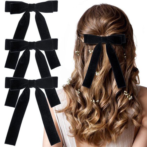 HINZIC 3Pcs 4.72inch Velvet Hair Bow Clips Black Hair Bows Hair Ribbons Christmas Wedding Prom Hair Styling Accessories for Women Thin Hair