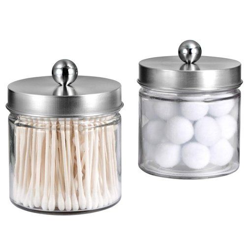 Bathroom Vanity Glass Storage Organizer Holder Canister Apothecary Jars for Cotton Swabs, Rounds, Balls, Qtips,Makeup Sponges, Flossers,Bath Salts - 2 Pack, Clear (Brushed Nickel)