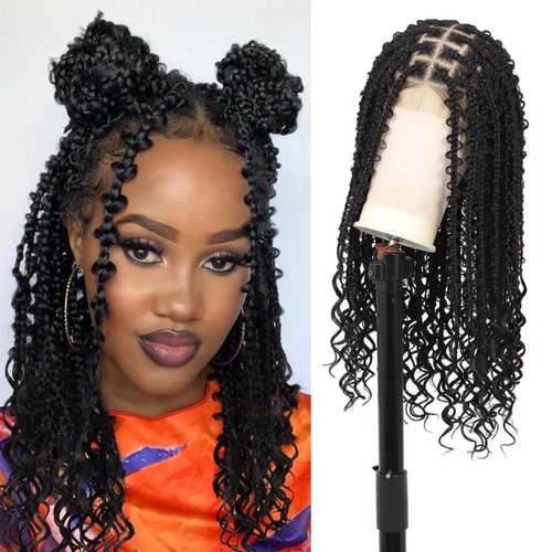 Olymei 360° HD Full Lace Braided Wigs for Women Knotless Butterfly Box Braided Wigs with Boho Curly Ends Braided Lace Front Wigs with Baby Hair Human Hair Blended Short Braided Wig 24" Black