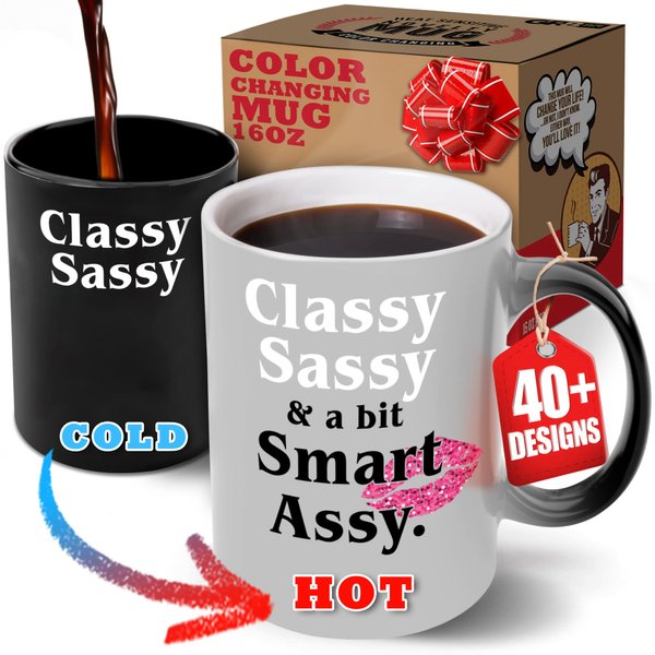 GR8AM Text Revealing Tea Cup 16oz - Classy Sassy & A Bit Smart Assy - Funny Coffee Mug & Cute Coffee Cups for Women. Best Big Coffee Cups for Stocking Stuffers or Cute Gifts for Women