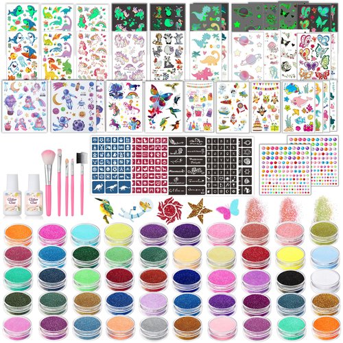 TEUVO Kids Glitter Tattoo Kit with 50 Colors, 177 Stencils, 25 Mixed Pattern Stickers(Colored/Lum...