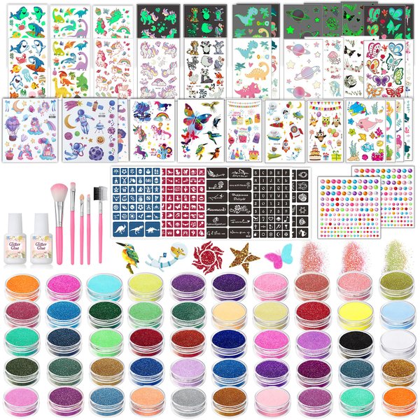 TEUVO Kids Glitter Tattoo Kit with 50 Colors, 177 Stencils, 25 Mixed Pattern Stickers(Colored/Luminous), 2 Gem Stickers, Body Face Glitter Makeup Temporary Tattoos for Halloween Christmas Birthday