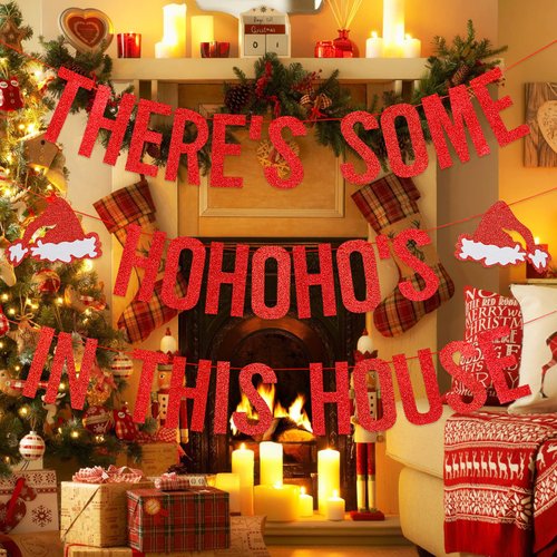 Red Glitter There's Some HoHoHos in This House Banner, Funny Christmas Banner Decorations, Christmas Party Banner for Xmas Holiday Party Home Office Fireplace Mantel Decorations