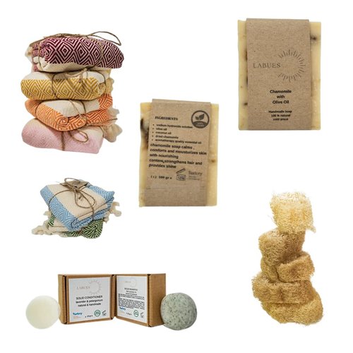 LABUES Natural Handmade Gift Set - Travel Size Shampoo Bar and Conditioner-10-15 hair washes, Hand Made Chamomile Soap, Natural Loofa and Turkish Face Towel – Calms, Comforts and moisturizes
