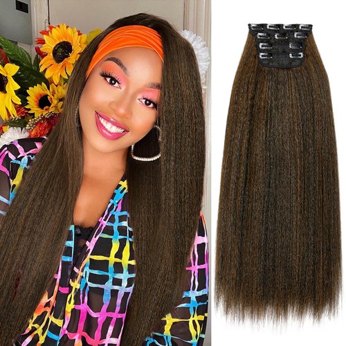 HANNE 22 Inch Kinky Straight Clip Ins Hair Extensions Clip ins for Women 4 Pieces/Lot Yaki Hair Seamless Kinky Clip ins Hair Extensions Clip ins for Daily or Party Use (M30, 22 Inch)