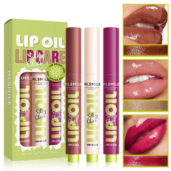 Qawnfy 3 Colors Fat Lip Oil Slick Click Press Lipstick, Moisturizing Lip Balm Korean Shining Mirror Lip Gloss Nourishing Solid Lip Glaze, Plump Your Lips, High Pigmented Vegan Lip Oil Non-Sticky (B#)